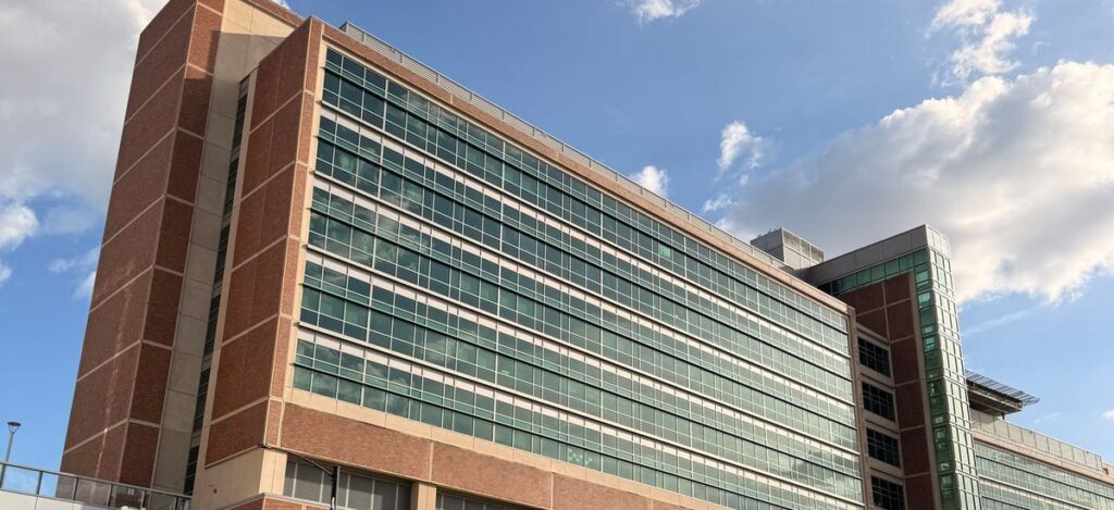 Modern hospital building, glass and brick façade