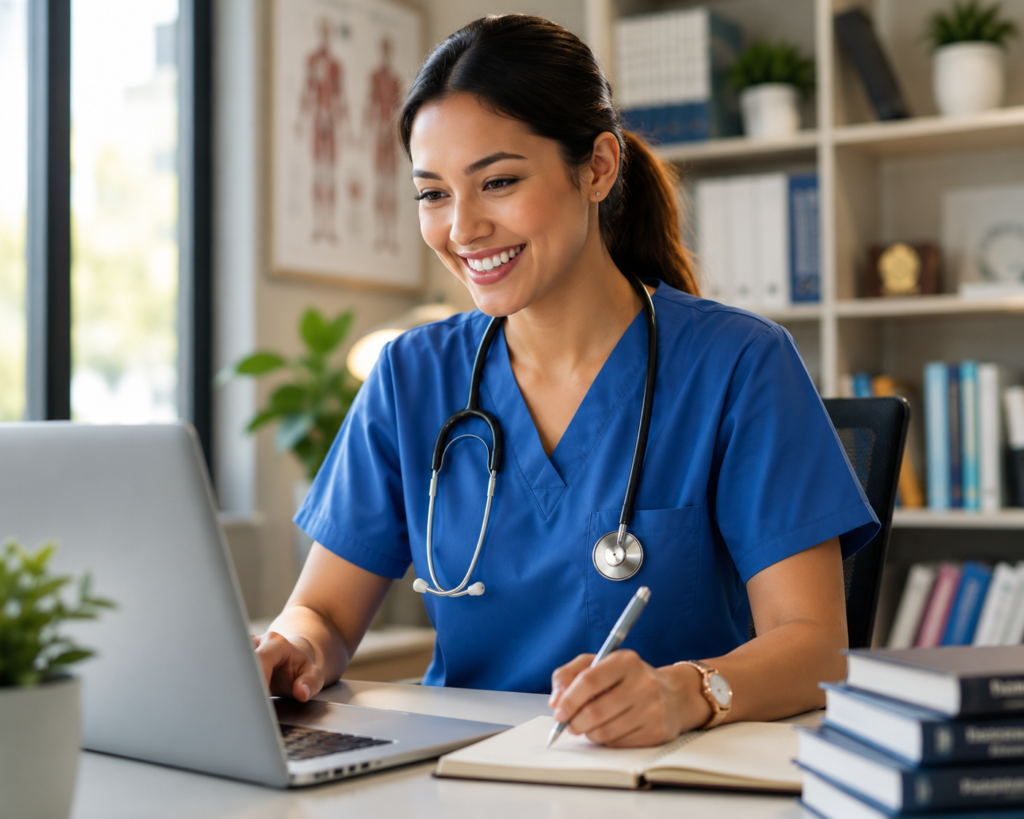 Nurse in a white coat and stethoscope smiling as she studies at her laptop